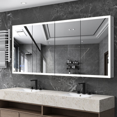 72*32inches Bathroom Mirror Cabinet With Lights, 3 Color Temperatures, - Fog, Recessed Mounted, Adjustable Brightness, Glass And Metal, Silver+silver Fog Led Lighted Medicine Mirror, Aluminium Alloy,