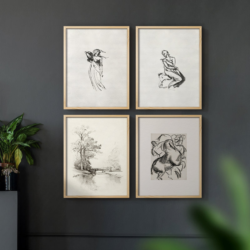 "Croquis rétro XCII", 4 pièces sur papier, Naturel, H 14 po x l 11 po