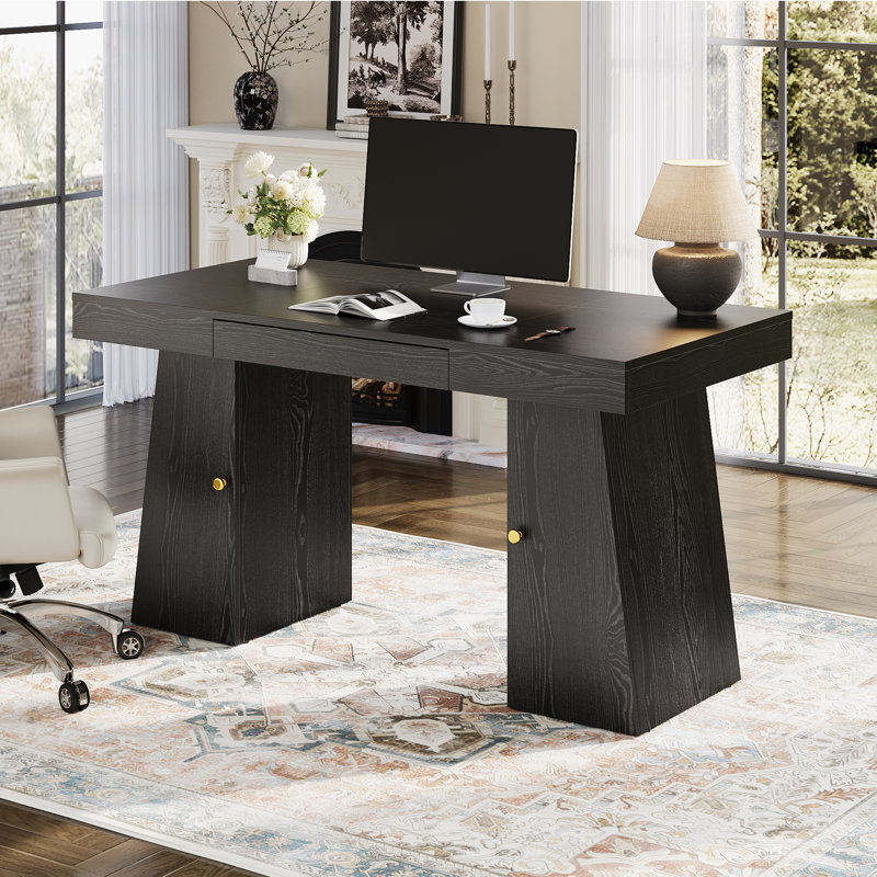 Bureau d'ordinateur moderne de 55 po avec tiroirs et tablettes de rangement, grand bureau de jeu avec 2 armoires pour bureau personnel et bureau, noir