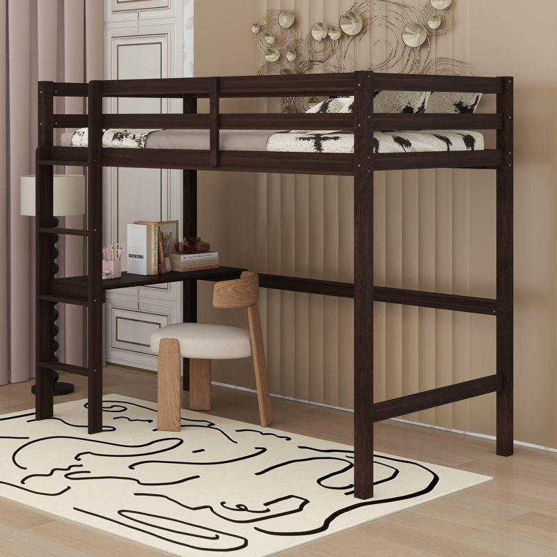 Wood Loft Bed Twin Size With Desk, Loft Bed With Rails
