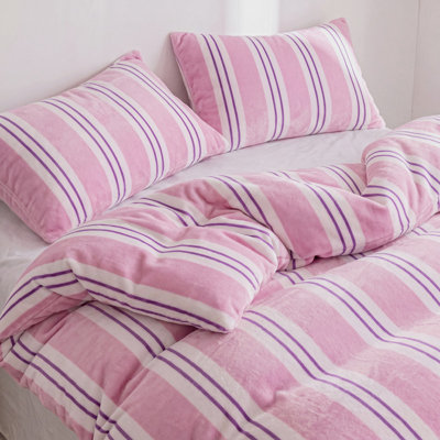 Plush Duvet Cover Set King Size,3 Piece Soft Cozy Purple Ribbon Stripes Pattern Bedding,Velvet-Like Short-Pile Duvet Cover with Zipper Closure,4 Corner Ties and 2 Pillowcases