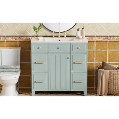 Armoire de salle de bain, structure en bois massif, lavabo en céramique, 3 tiroirs, fermeture en douceur, tablette réglable, meuble-lavabo avec