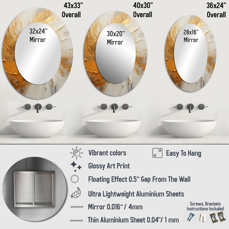 Doré et beige Soft Wave Paint I - Grand miroir mural ovale sur métal, 40 po x 30 po