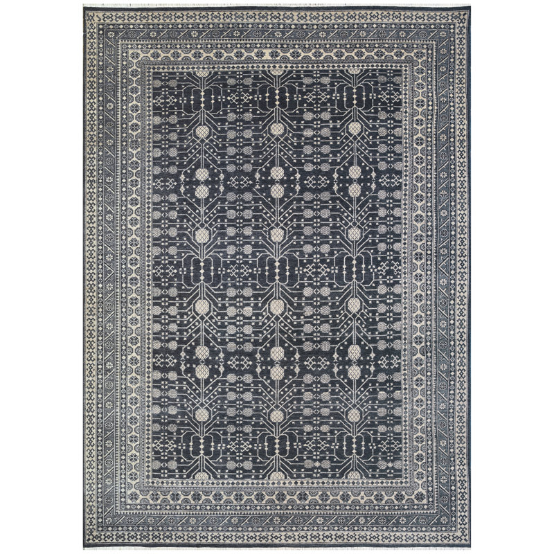 Tapis noué à la main de haute qualité en gris / noir / ivoire, Rectangle 6 pi x 9 pi