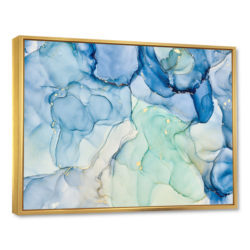 «Blue Luxury Abstract Fluid Art XXV», reproduction sur toile, H 24 po x l 32 po, Cadre flottant doré