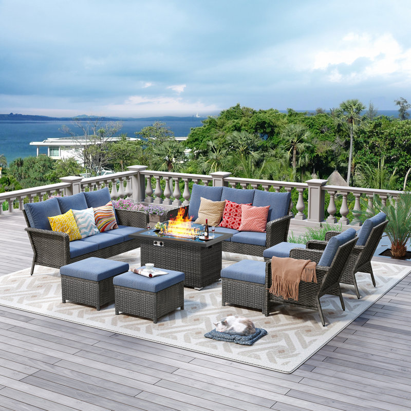 Blithedale 12 - Person Outdoor Seating Group with Fire Pit and Cushions, Blue
