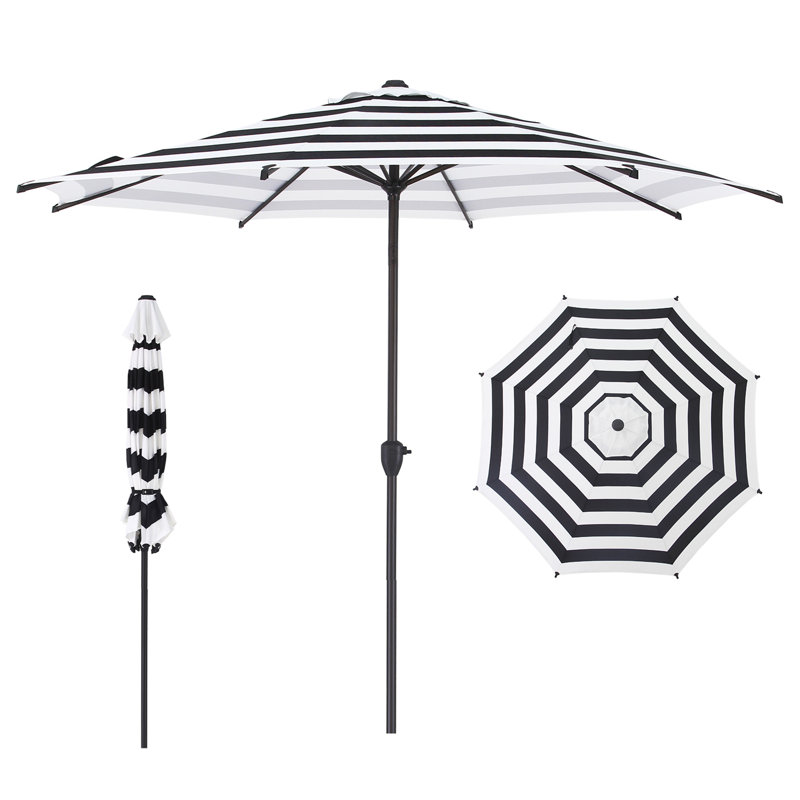 Parasol de marché à manivelle Lyon, L 108 po x P 108 po, Noir et rayures blanches