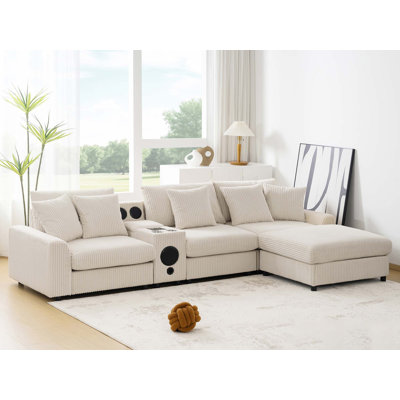 Canapé modulaire en velours côtelé de 114 po x 64 po avec haut-parleurs Bluetooth, canapé en L avec console, chargeur USB, porte-gobelets, rangement, repose-pieds, canapé à sièges profonds et larges pour salon, appartement