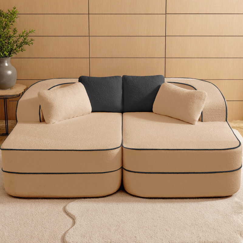 Canapé 77,2 po en tissu Teddy sans assemblage avec double chaises, canapé-lit 32D haute densité en éponge, sensation de nuage moelleux, couleur contrastante et design symétrique