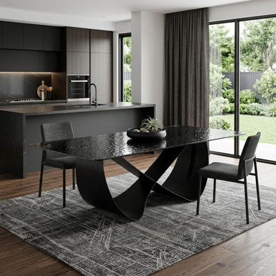 94" Black Glass and Brass Double Geo Pedestal Base Dining Table