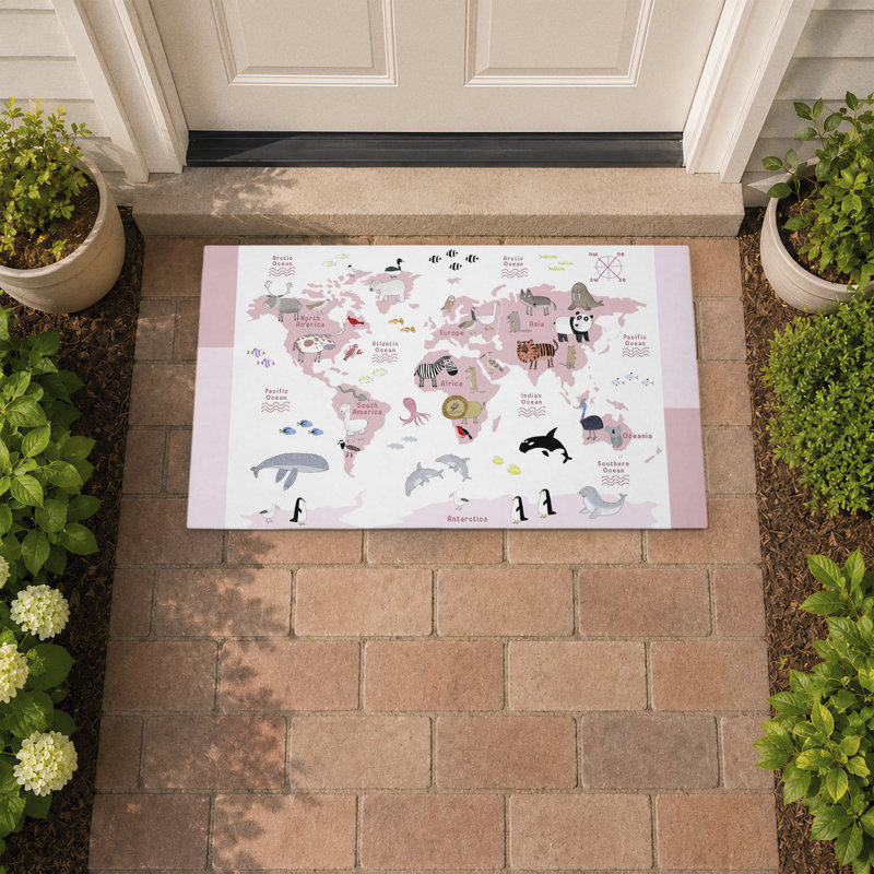Tapis de sol rose imprimé carte du monde des animaux par Carla Daly, Pink World Animals Map