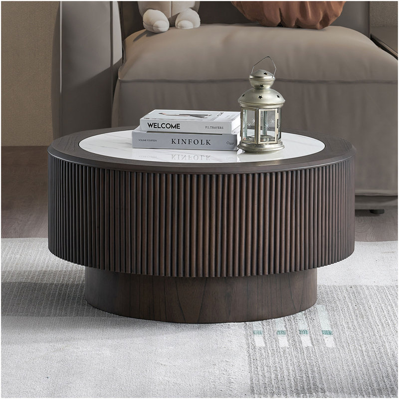 Table basse ronde 31,5 pouces avec motifs de faux marbre et table basse pour salon, petite table avec piédestal robuste, brun foncé