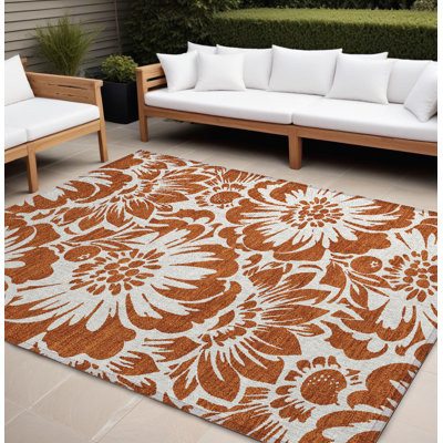 Tapis extérieur lavable antidérapant à motif floral rouille et ivoire 8 pi x 10 pi