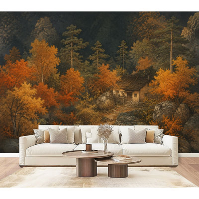 Papier peint mural autocollant représentant un paysage de forêt d'automne, avec des arbres et une cabane rustique en montagne. Décoration murale moderne pour chambre et salon (175 cm x 244 cm).