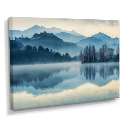 Blue Serene Lake At Dawn With First Light - Lake Wall Art, Blue Landscape Framed Canvas Art Print