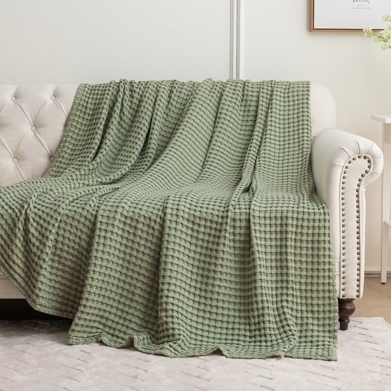 Jeté doux et léger en coton et viscose de bambou tissé gaufré toutes saisons, Sauge, Lit simple