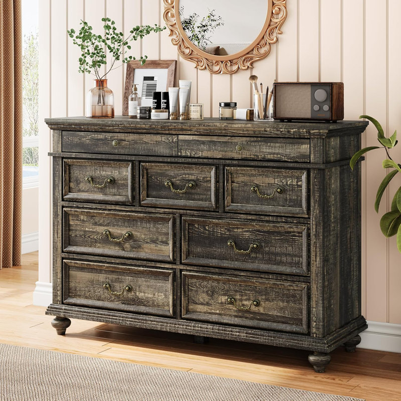 47" Wide Farmhouse 9-Drawer Dresser, Rustic Oak Wood Storage Chest