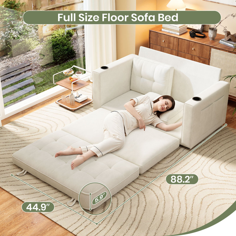George 55" Upholstered Chenille Convertible Loveseat Sleeper Sofa with Cup Holder and Storage Pockets, Beige