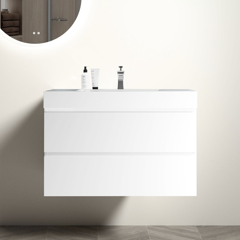Élégant lavabo intégré à surface solide blanc brillant avec système de trop-plein fonctionnel, 36'