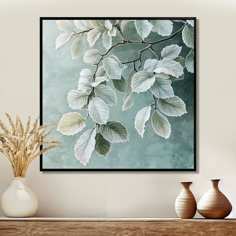Frosted Leaves I - feuilles, art mural, Reproduction avec cadre flottant, Noir, H 16 po x l 16 po