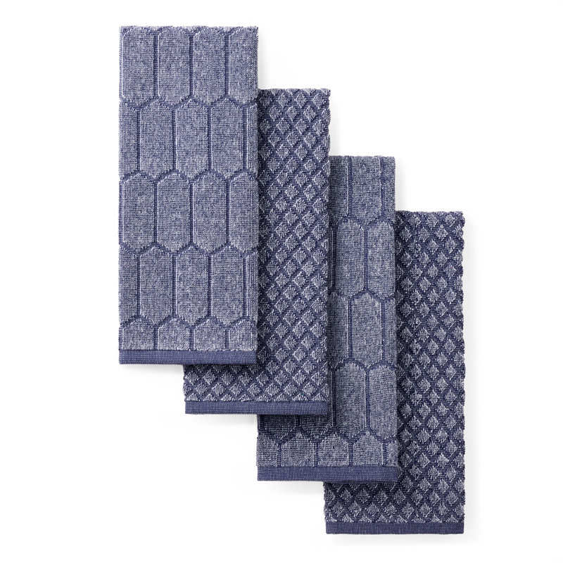 MARTHA STEWART Honeycomb Chambray Textured Kitchen Towel 4-Pack Set Natural 16"x28", Navy Blue