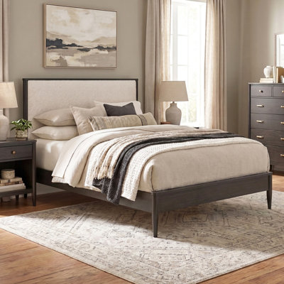 Retro Platform Bed, Bedframe with Upholstered Headboard, Centre Support Legs Included