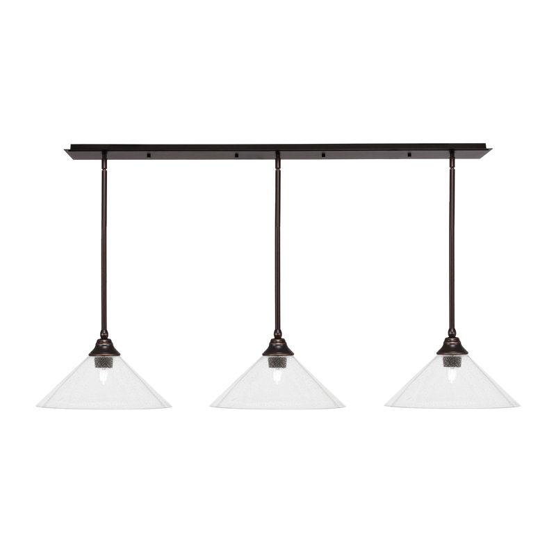 Luminaire suspendu linéaire à 3 lumières avec verre bullé, H 9,25 po x l 56 po x P 16 po , Transparent, Bronze huilé