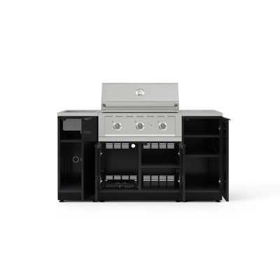 Ensemble d'armoires pour l'extérieur en aluminium gris ardoise 5 pièces avec évier, 1 porte, 1 gril, un barbecue au propane liquide 33 po et un comptoir noir Dekton 16 po