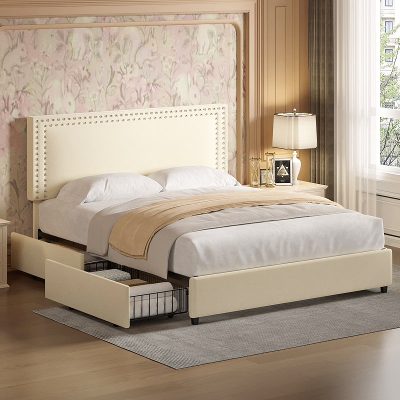 Grand lit avec tiroirs de rangement Lit plateforme tapissier avec tête de lit réglable, Grand, Beige