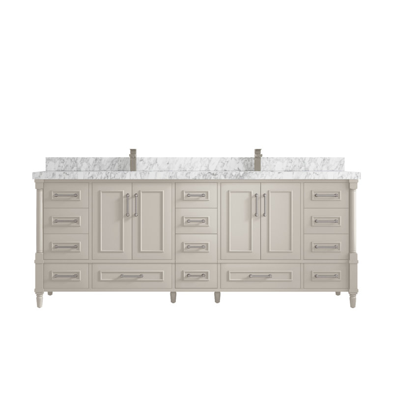 Aberdeen 84'' Double Bathroom Vanity with Quartz Top, Carrara Marble, Fine Grain