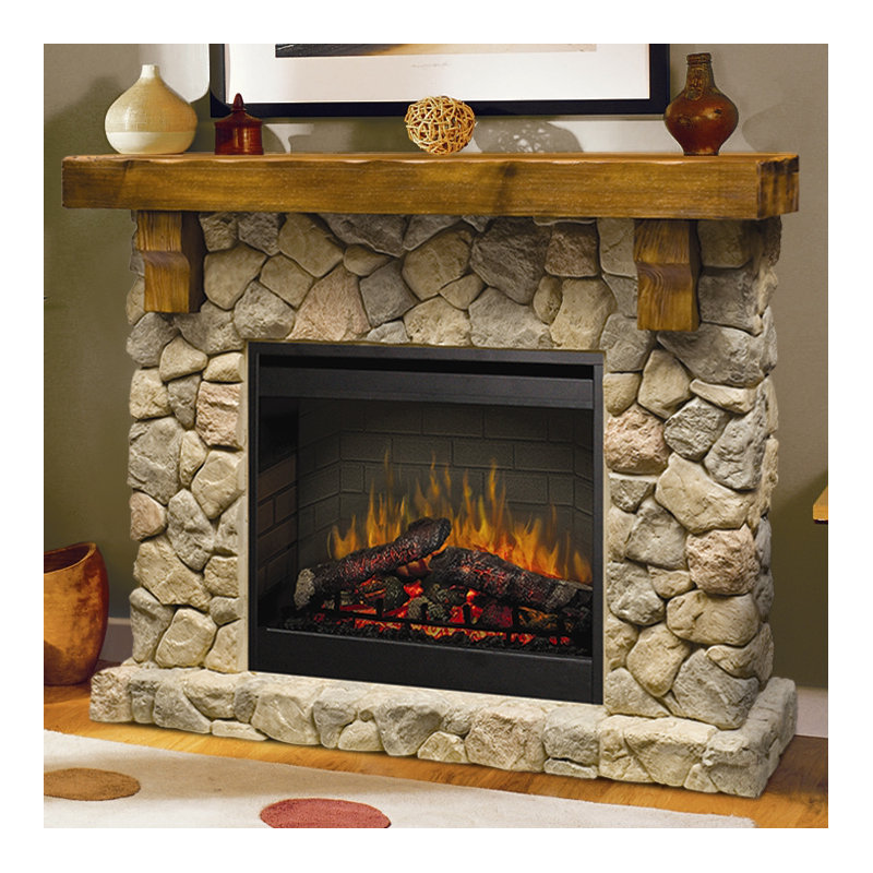 Dimplex Fieldstone Electric Fireplace with Mantel Surround Package - Pine with Natural Stone-look