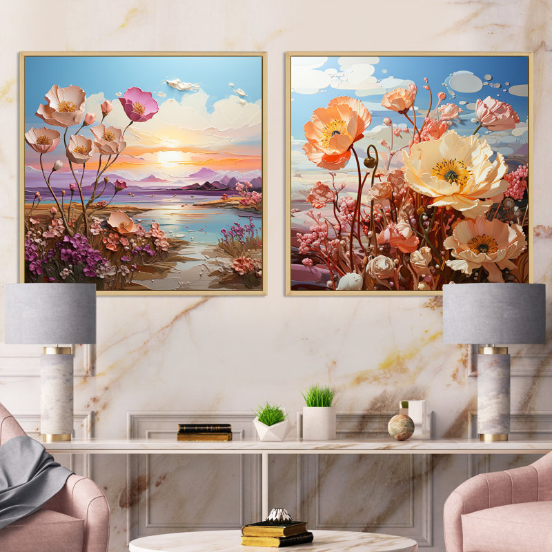 «Pink Poppies Mountain Field», ensemble de 2 collages floraux carrés, Cadre flottant brun, H 30 po x l 61 po