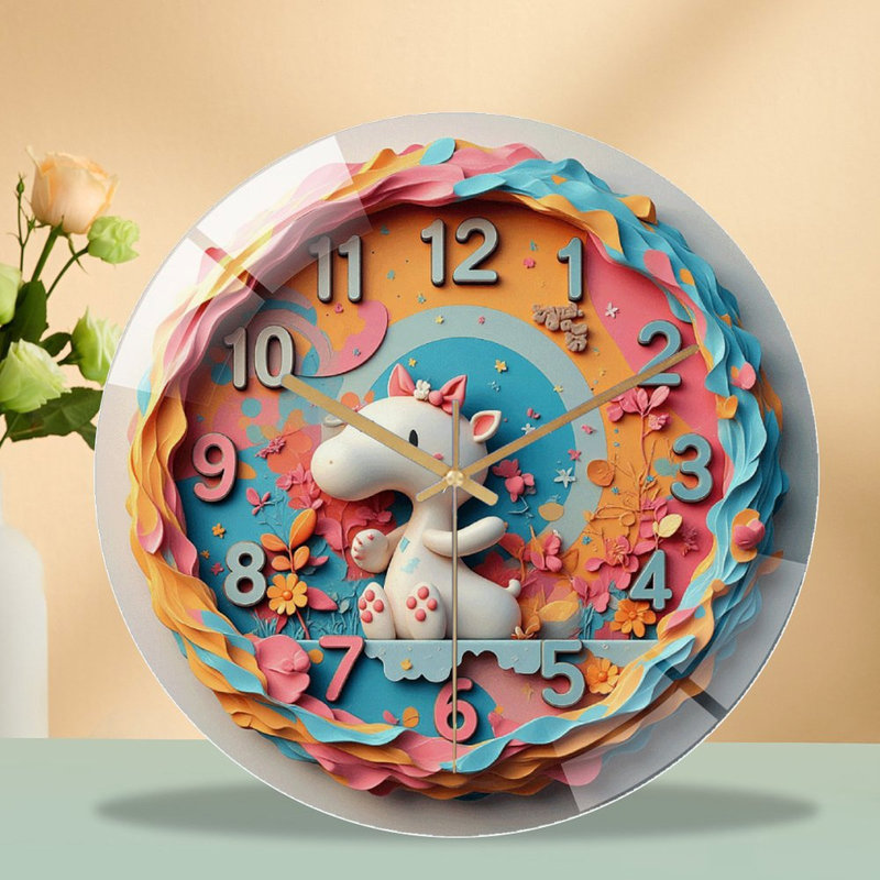 Horloge murale mignonne licorne avec art floral - horloge murale moderne en verre 12 po