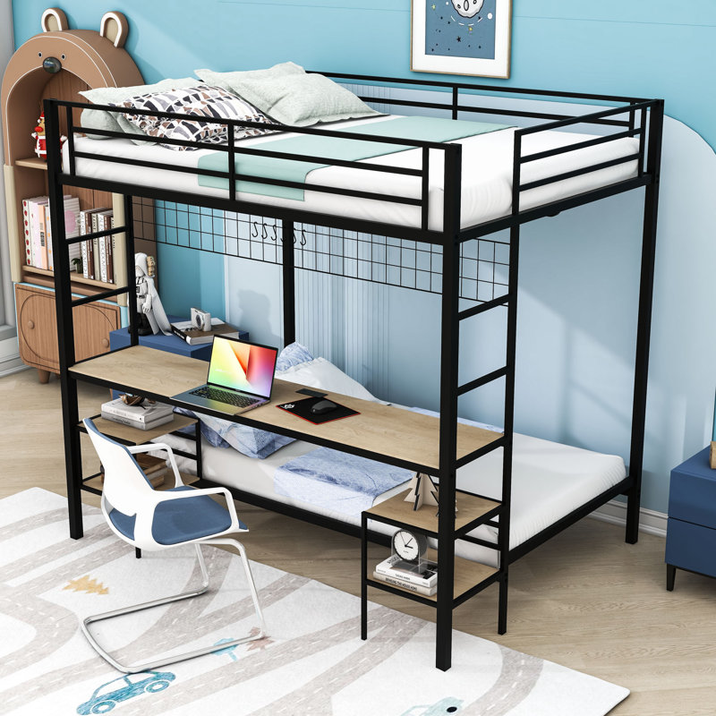 Lit superposé double au-dessus de simple avec bureau d'étude et ports de charge, Black/Nature Oak