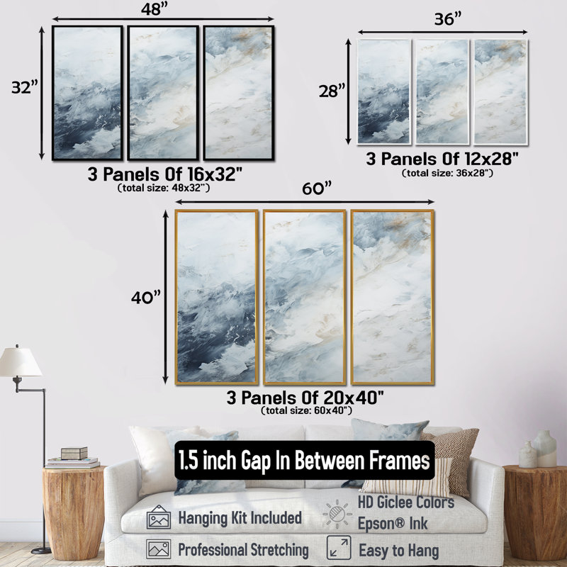 «Blue and White Snow Blooming II - Abstract Shapes», ensemble d'impression d'art mural, H 40 po x l 60 po