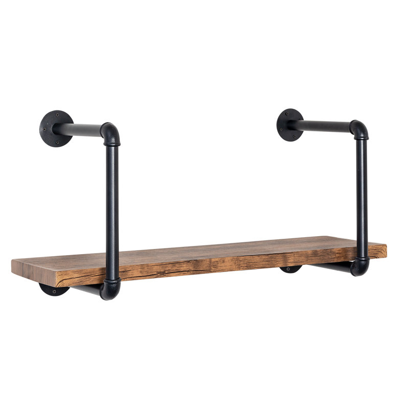 Black and Rustic Brown Industrial Steel and Wood Wall Shelf