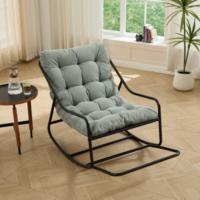 Chaise berçante d'extérieur, coussin confortable, avec coussin épais et doux, pour le salon, la chambre à coucher, la salle de lecture, structure noire avec coussin vert clair