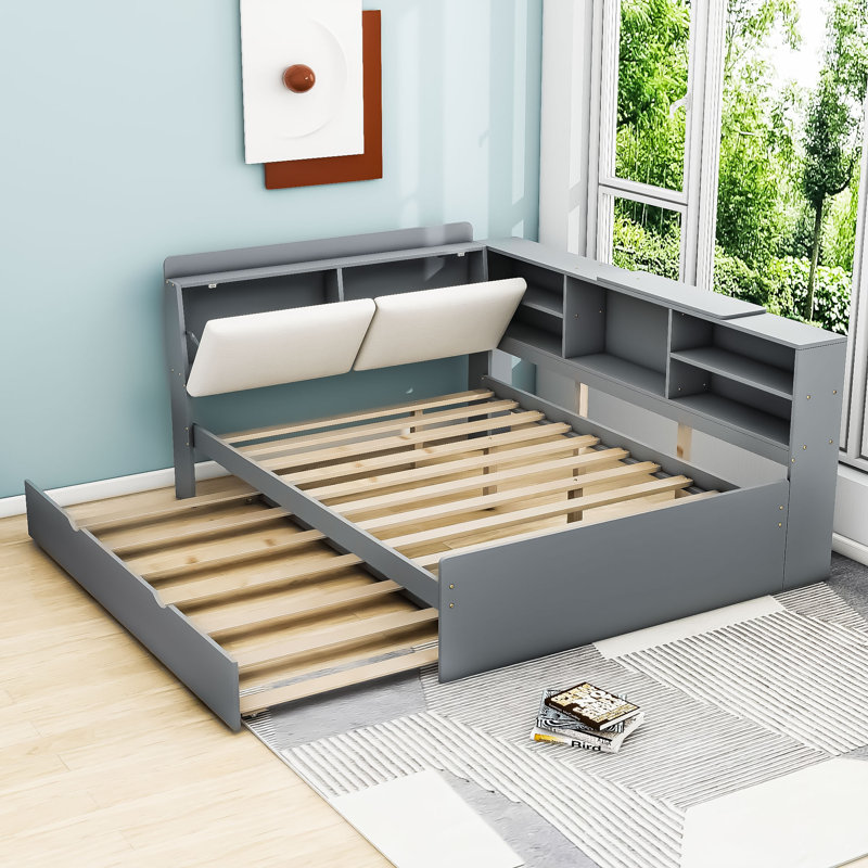 Lit plateforme en bois avec lit gigogne et tablettes, gris, Complète