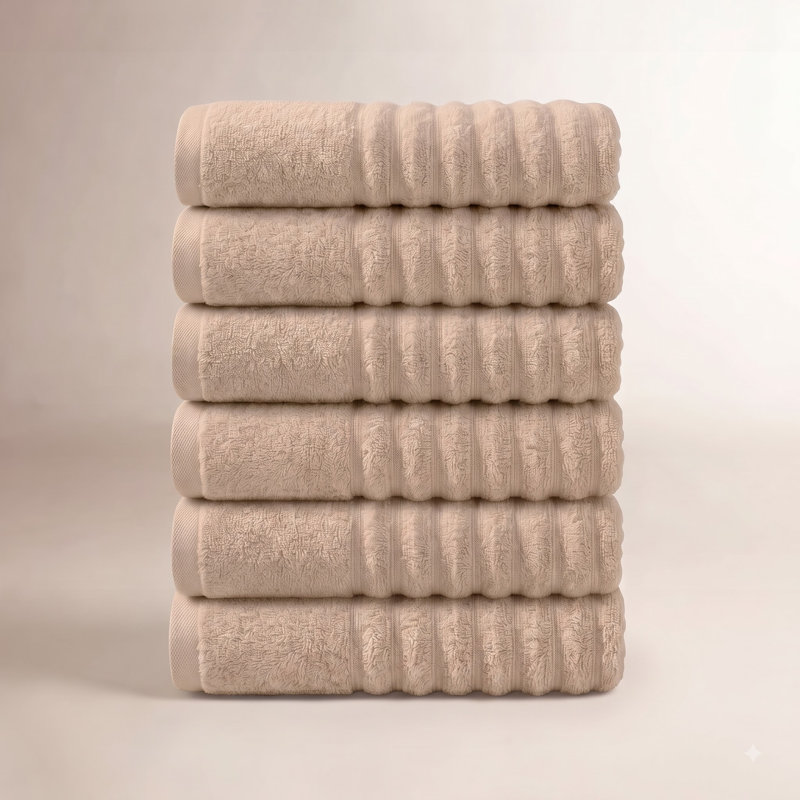 100% Zero-Twist Cotton Ribbed Bath Towels , Dune, Hand Towels - 6 Pack