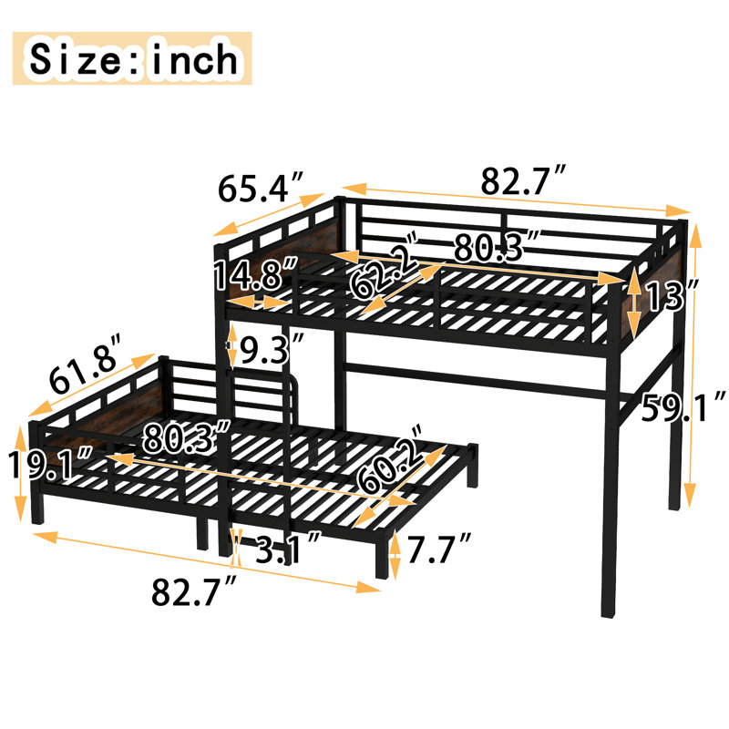 Convertible Queen Bunk Bed To Two Beds, Metal Loft & Platform Bed With Noise-Free Sleep., Vintage, Queen