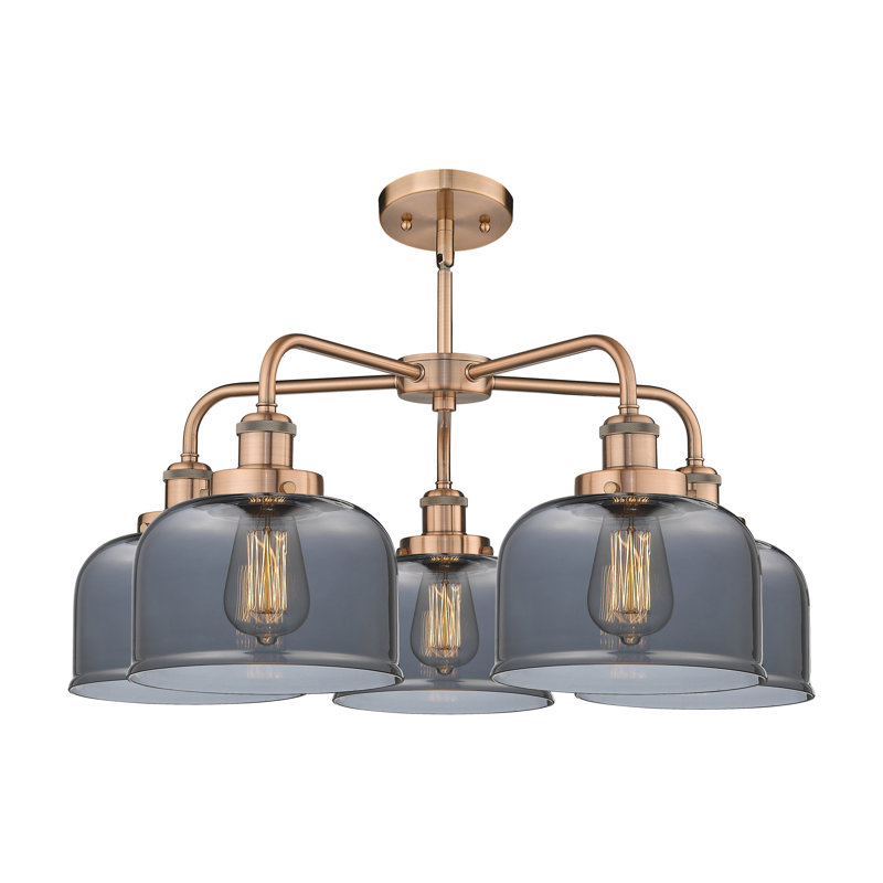 Lustre en verre à 5 lumières Bell, Plaqué couleur fumée, Cuivre antique