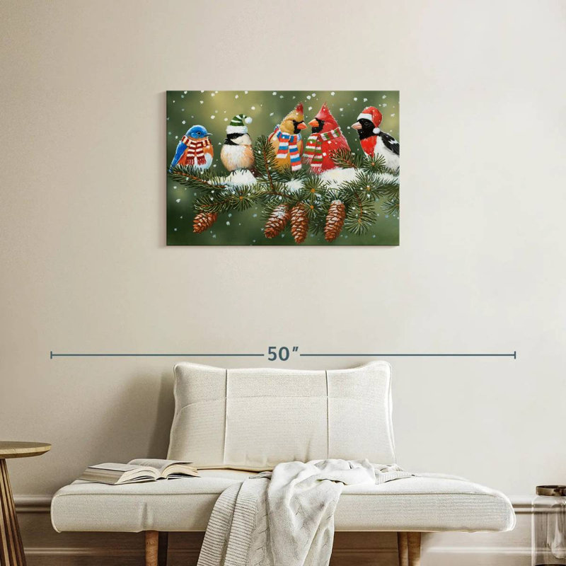 Oiseaux festifs sur une branche enneigée, H 20 po x l 30 po