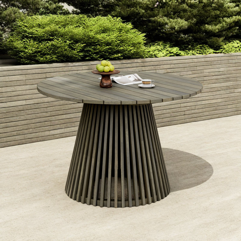 Table de salle à manger d'extérieur en bois d'acacia - Conception ronde élégante avec base à lattes, Gris