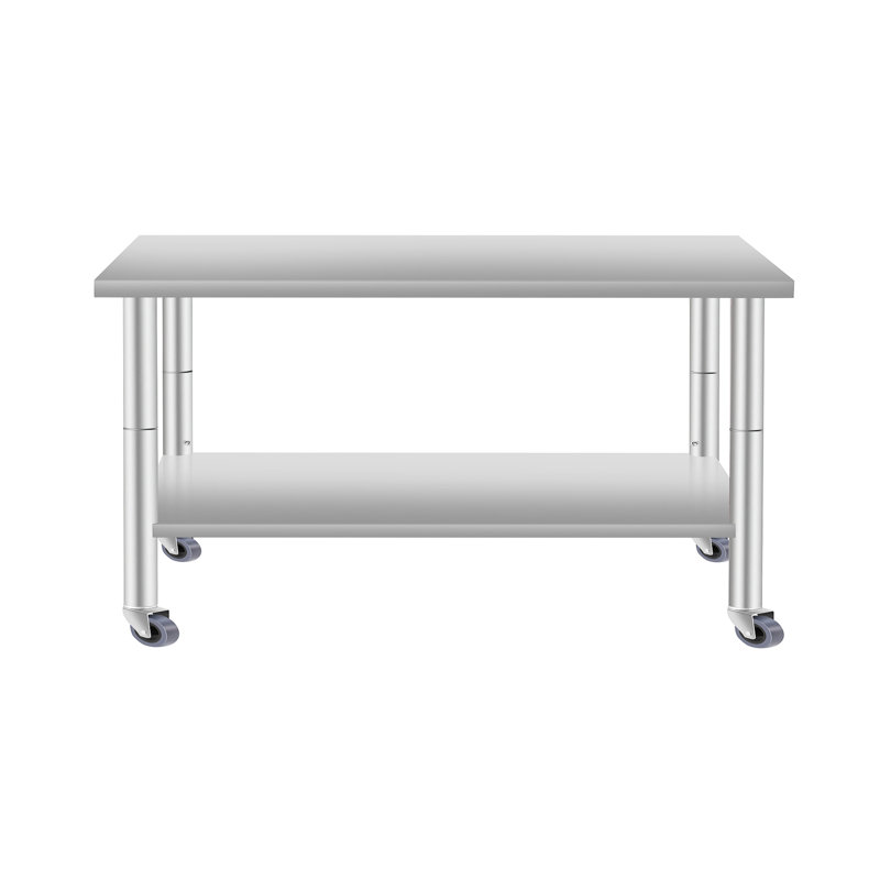 Table de travail de cuisine commerciale en acier inoxydable de 48 po de largeur avec tablette inférieure et roulettes, 24 po de profondeur, 35,5 po de hauteur, fabriquée à la main pour une utilisation à long terme dans les cuisines