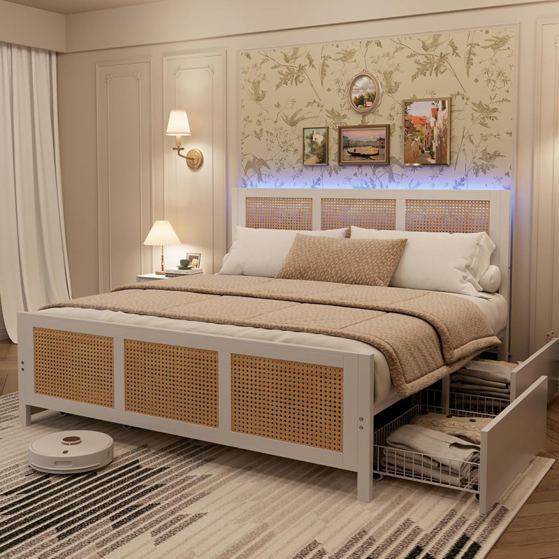 Structure de lit en rotin avec tête de lit, lit plateforme avec 4 tiroirs Boho Cane, Blanc, Grand, Oui