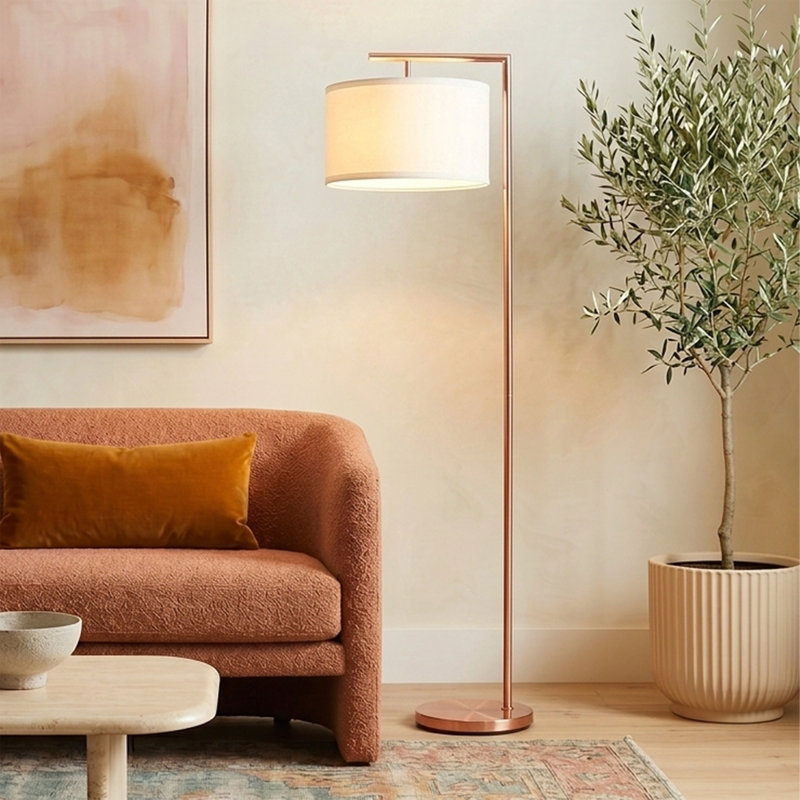 Montage Modern 60" Rose Gold LED Floor Lamp with White Fabric Drum Shade, Bulb Included, Rose Gold, White