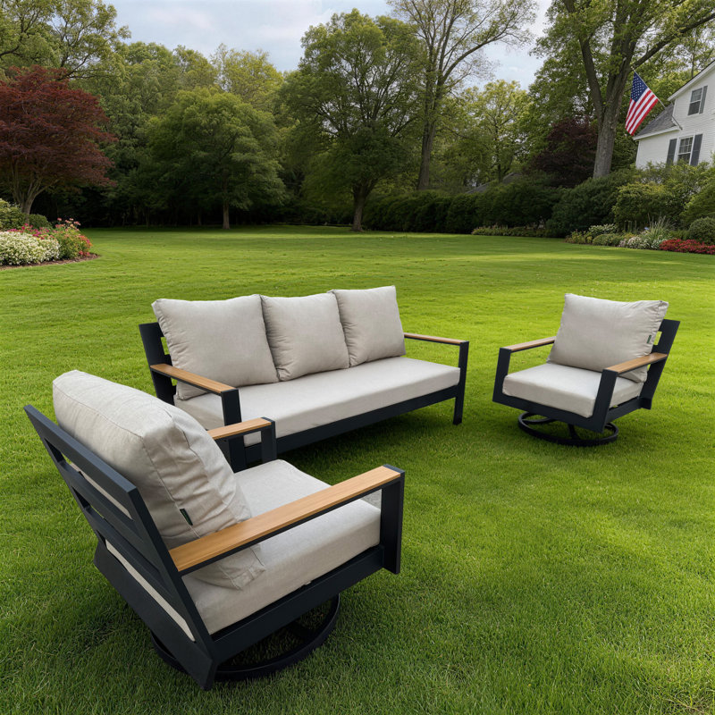 Lakehouse 3-Piece Black Aluminum  Outdoor Patio Seating Set with Cast Ash Cushions, Gray