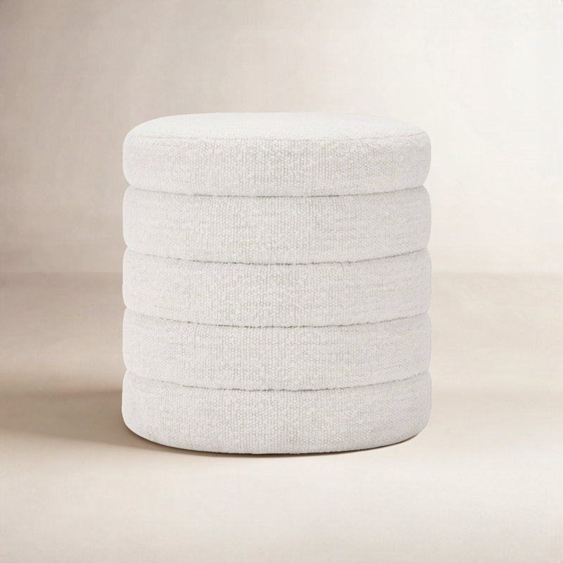 Neroli Upholstered Round Storage Ottoman, Merino Pearl Performance Tweed