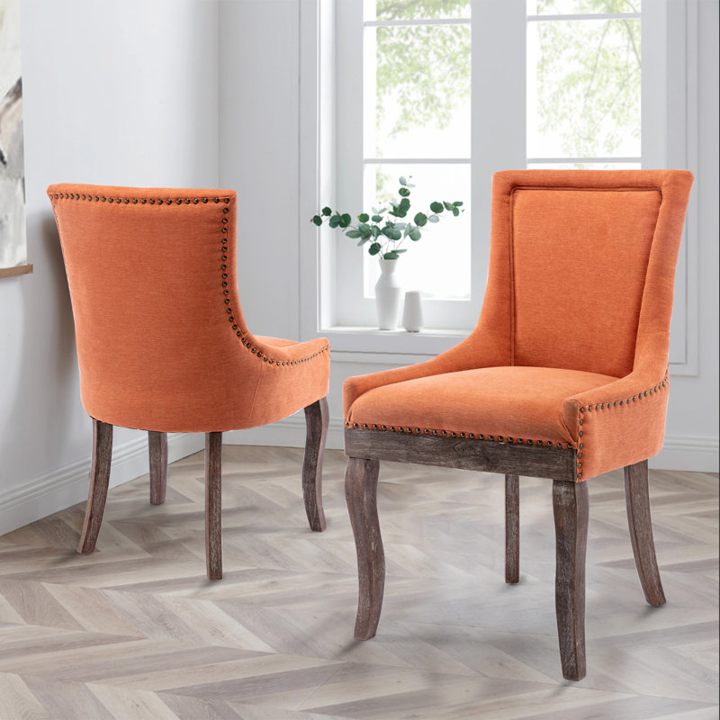 Bronze Nail Head Upholstered Side Dining Chair, Orange