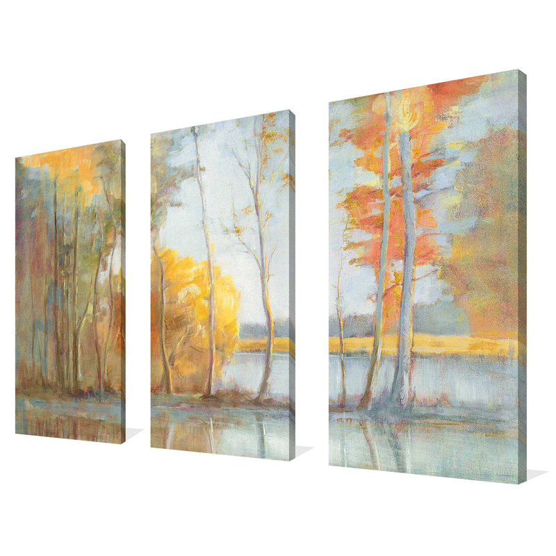 Lakeside Reflection - Ensemble de 3 peintures sur toile tendue, H 32 po x l 48 po x P 0,75 po